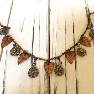 Copper leaf and beaded flower necklace